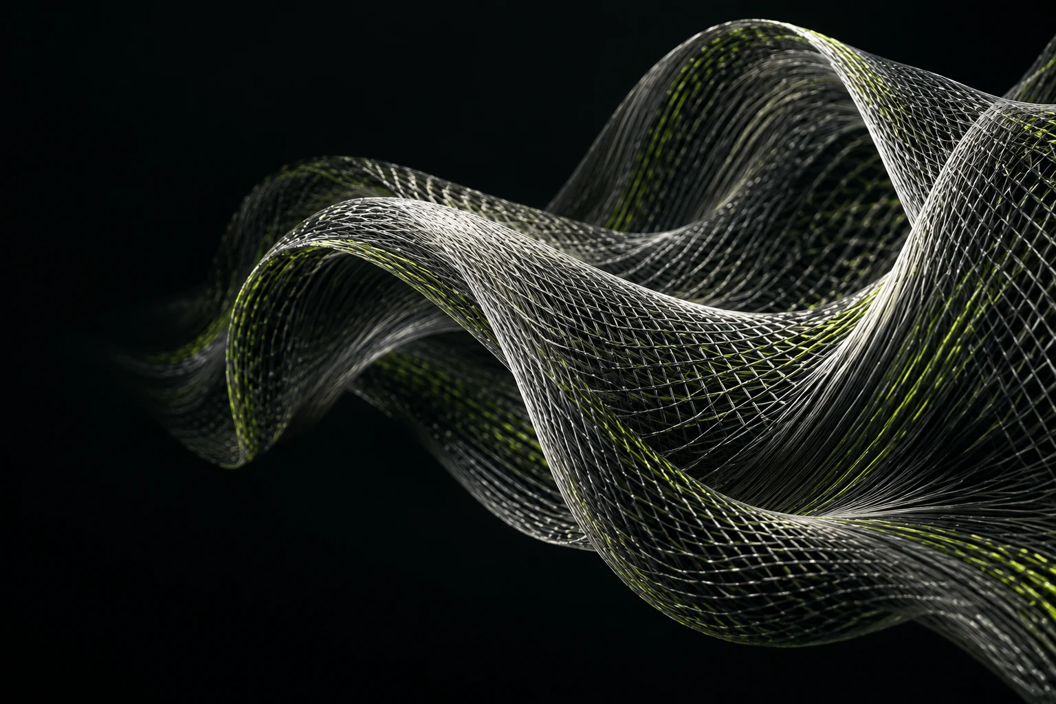 Interwoven silver and green threads forming a connected fabric